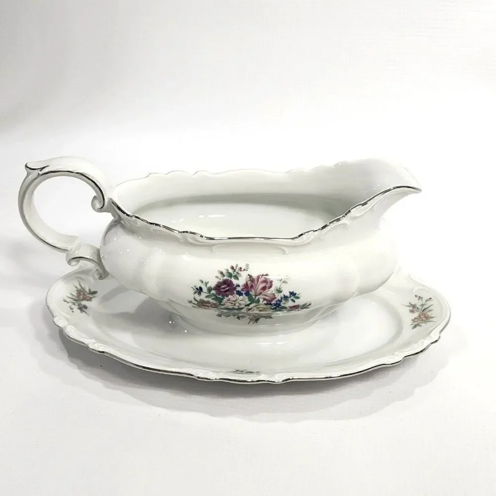 Crown‎ Bavaria Gravy Boat w Attached Underplate Germany Silver Trim Bouquet